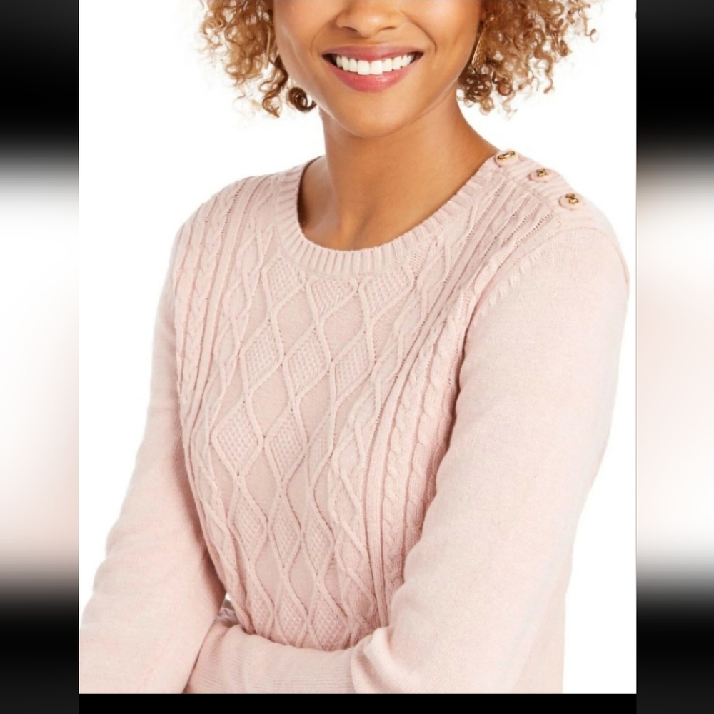 Charter Club Women Pink Core Table Knit Crewneck Cotton Blend Sweater  S
